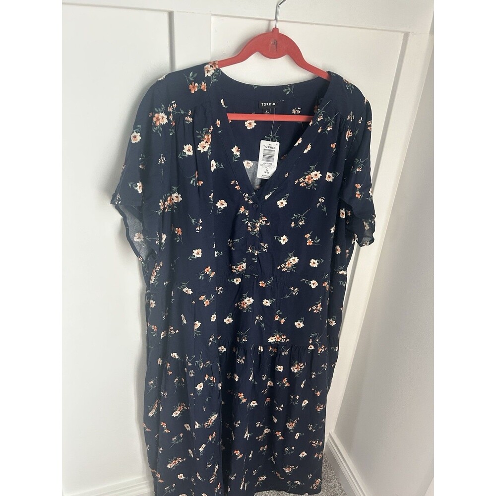 Torrid 2X Navy Floral Button Short Sleeve Ruffle Tie Midi Dress Tiered Plus Size - Picture 2 of 8